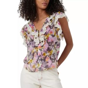 French Connection women's Catlett Crinkle Ruffle Trim Top Orchid Bouquet Small